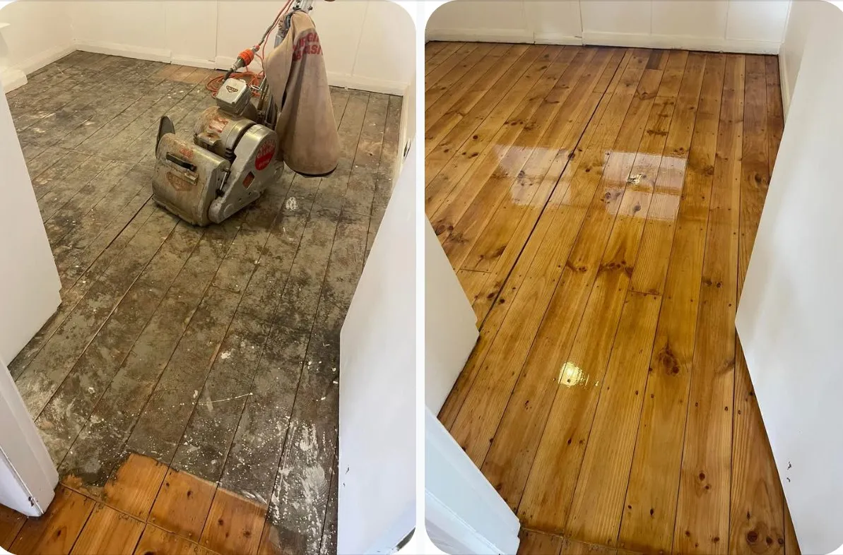 Floor sanding in progress beside a freshly finished timber floor